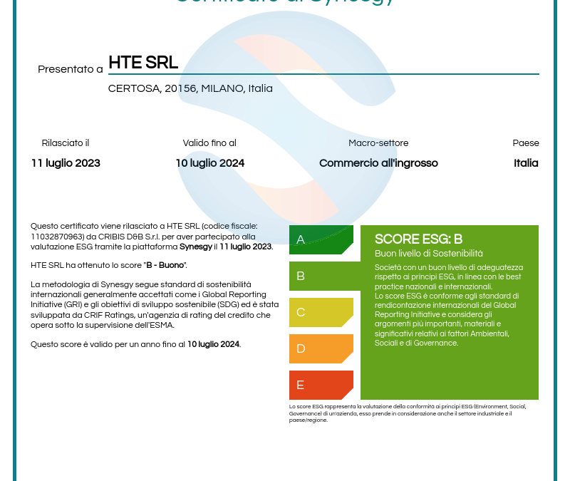 Acquisita certificazione di sostenibilità SYNESGY – (score ESG: *B*)